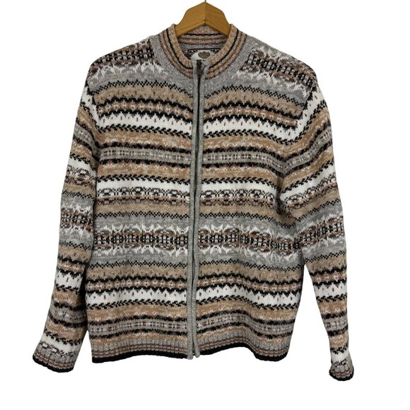 Tiara International Knit Full ZIp Cardigan Sweater Sz Large Fair Isle Neutral - Picture 1 of 10